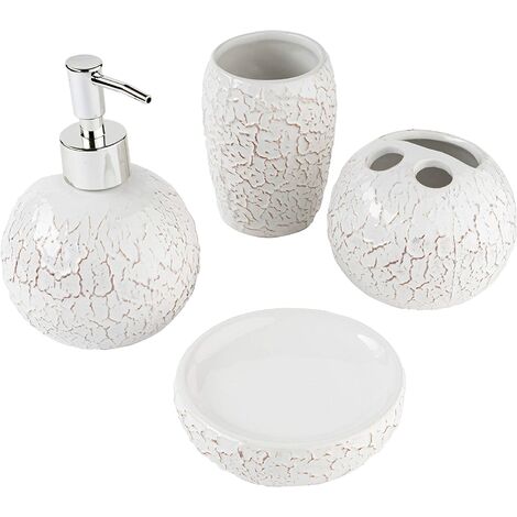 Baroni Home Ensemble de salle de bain en céramique, composé de 4 éléments, avec bas-relief Blanc, comprend un distributeur de savon, un porte-brosse à dents, un verre et un porte-savon