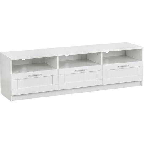 Baroni Home Mobile per Tv con 3 Ripiani 3 Cassetti, Foro per Passaggio Cavi in MDF, Consolle Porta TV per Camera da Letto, Salotto, Cucina, Bianco, 140x33x30 cm