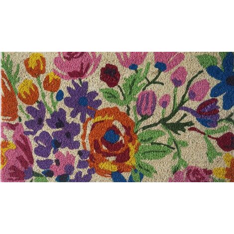 Baroni Home Paillasson d'extérieur en coco avec base en PVC, peint à la main, motif fleurs colorées, 70 x 40 x 2 cm. Facile à nettoyer et ultra résistant