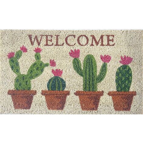 Baroni Home Paillasson extérieur coco, revêtement de l'envers en PVC, peint à la main, solide et nettoyage facile, 70X40X2 cm – tapis à motif floraison de cactus avec message « Welcome »
