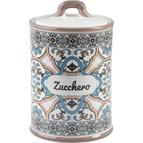 Baroni Home Pot de Cuisine en Céramique Décoré ligne Noto - Sucrier avec Couvercle Hermétique pour Sauver l’Arôme, Pot de Rangement du Sucre, 11 x 11 x 17 cm - Pot à Sucre Ligne Noto