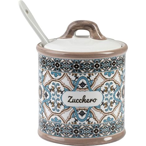 Baroni Home Pot de Cuisine en Céramique Décoré ligne Noto - Salière avec Couvercle Hermétique pour Sauver l’Arôme, Pot de Rangement du Sel, 11 x 11 x 17 cm - Salière Ligne Noto