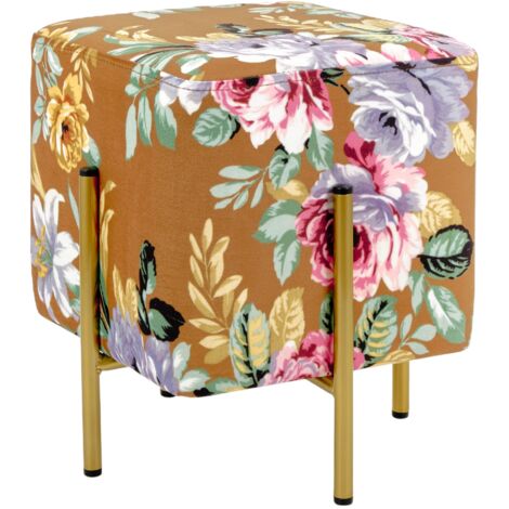 Baroni Home Pouf Poggiapiedi Quadrato in Velluto, Pouf da Salotto Imbottito, Pouf Panchetto per Camera da Letto, Fiori Base Cognac, 33x33x38 cm