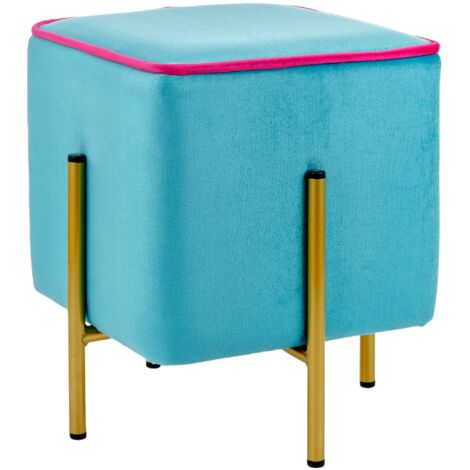 Baroni Home Pouf Poggiapiedi Quadrato in Velluto, Pouf da Salotto Imbottito, Pouf Panchetto per Camera da Letto, Turchese con Bordo Fucsia, 33x33x38 cm