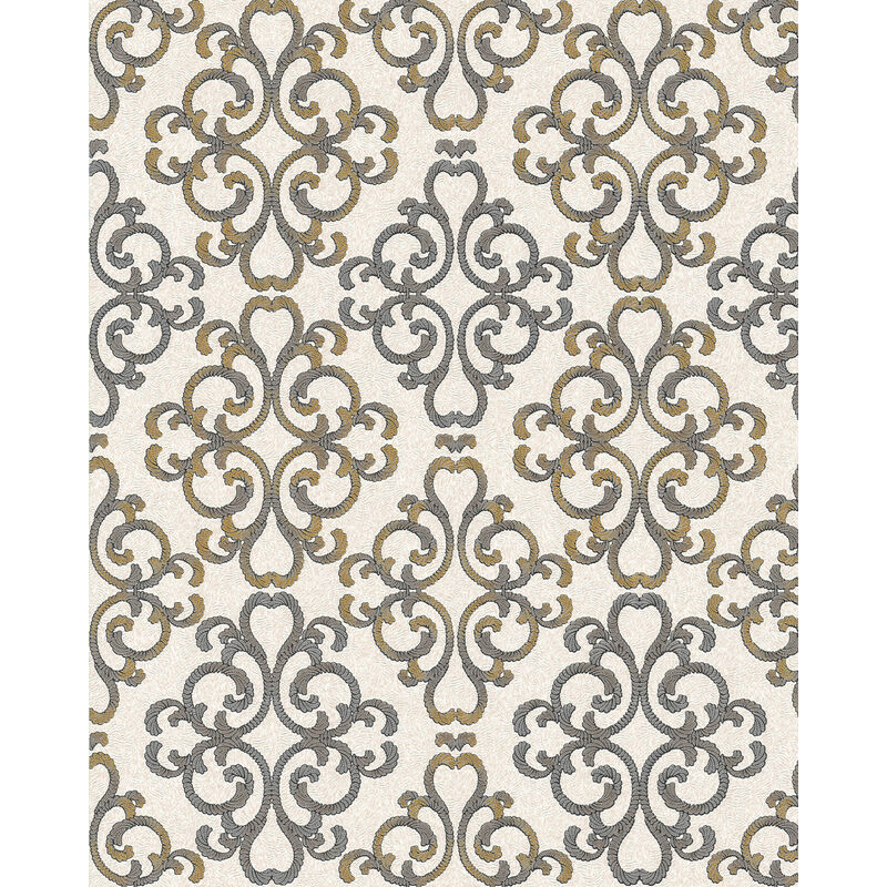 Edem - Baroque Wallcovering Wall 85037br33 Wallpaper Textured Baroque Style Shiny Cream Light Ivory Platinum Grey Golden Yellow 5.33 M2 (57 Ft2)