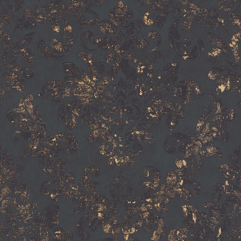 Profhome - Baroque Wallcovering Wall 374132 Non-woven Wallpaper Slightly Textured Baroque Style Matt Black Gold 5.33 M2 (57 Ft2)