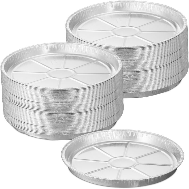 Barquettes rondes en aluminium, lot de 100, HxD : 2,5x27,5 cm, moules tartes, accessoires de barbecue, argenté - Relaxdays