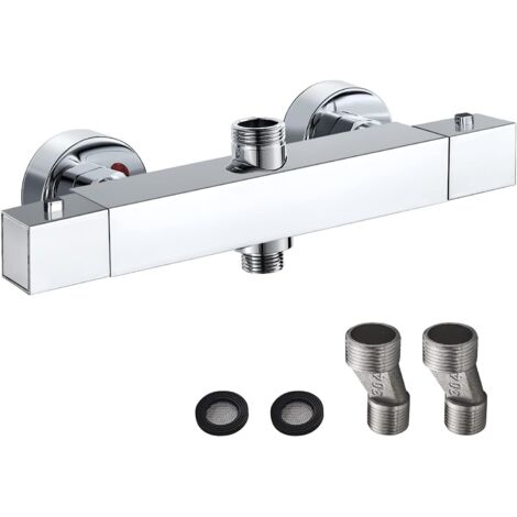 Barra de ducha termostática cuadrada de latón cromado - Salida de válvula desviadora BSP (26,4 mm) regulable + Base BSP (21 mm) de 1/2"