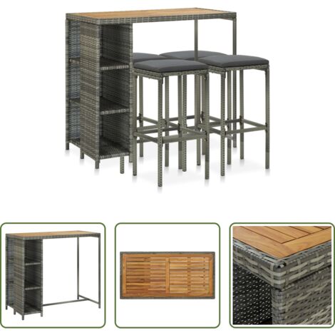Barra de jardín -  Set de bar para jardín 5 piezas y cojines ratán sintético gris