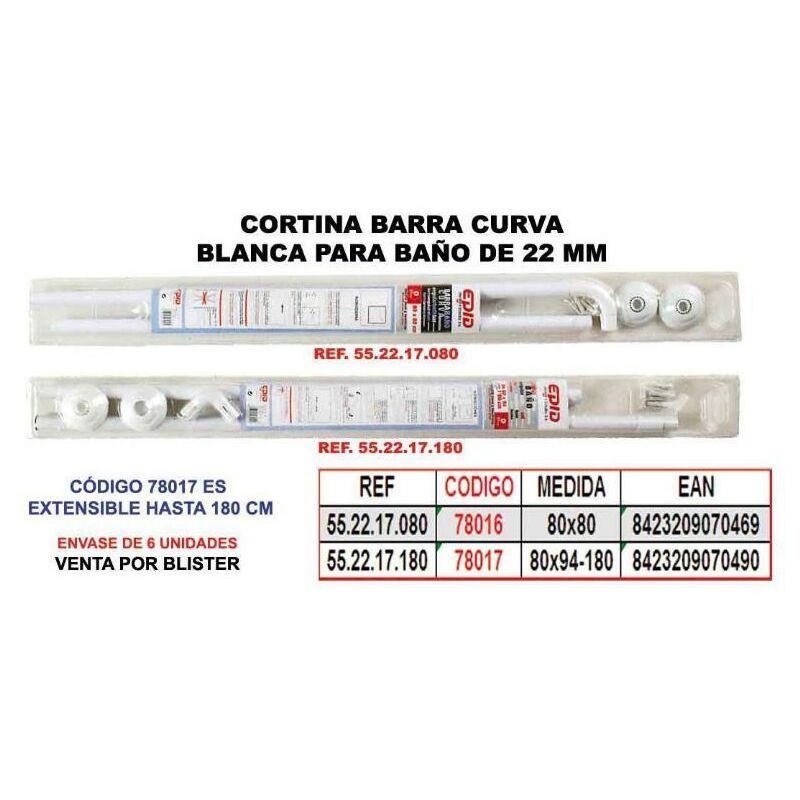 

cortina baño barra curva 22 mm blanca 80x 94 extens.a 180 cm - Mibricotienda