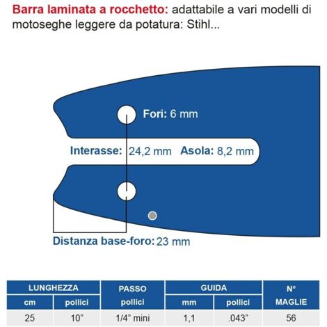 Barra laminata a rocchetto 25 cm - 10" passo 1/4" mini, spessore 1.1 mm - .043" 56 maglie 452708
