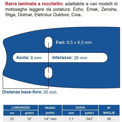 Barra laminata a rocchetto 25 cm - 10" passo 1/4" mini, spessore 1.1 mm - .043" 60 maglie 452707