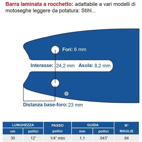 Barra laminata a rocchetto 30 cm - 12" passo 1/4" mini, spessore 1.1 mm - .043" 64 maglie 452709