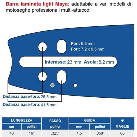 Barra laminata light 40 cm - 16" passo .325", spessore 1.5 mm - .058" 66 maglie 452788