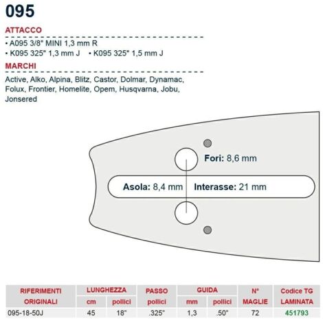 Barra McCulloch 45 cm - 18" passo .325", spessore 1.5 mm - .058" attacco 095, 72 maglie 451793