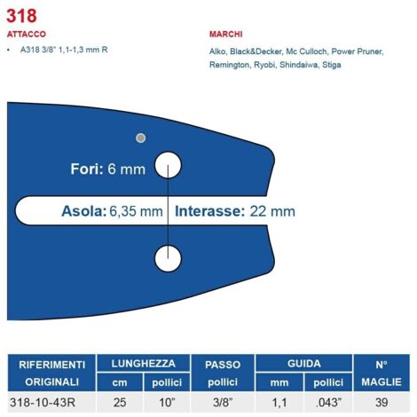 Barra motosega 25 cm - 10" passo 3/8", spessore 1.1 mm - .043" attacco 318, 39 maglie 450701