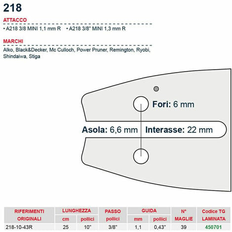 Barra per catena motosega da 25 cm. - passo 1/4 min. - spessore 1,3 x  PR270C 