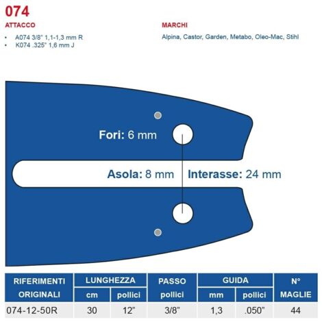 Barra motosega 30 cm - 12" passo 3/8", spessore 1.3 mm - .050" attacco 074, 44 maglie 452726