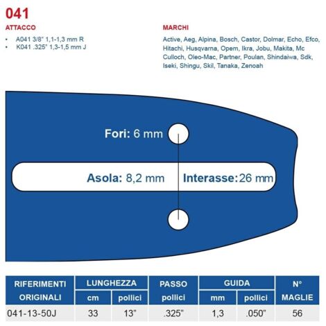 Barra motosega 33 cm - 13" passo .325", spessore 1.3 mm - .050" attacco 041, 56 maglie 450710