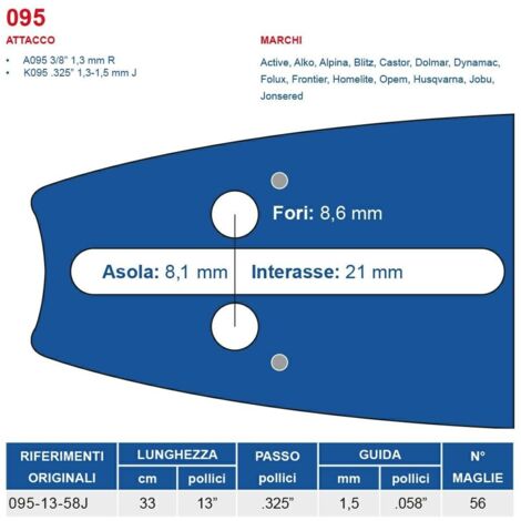 Barra motosega 33 cm - 13" passo .325", spessore 1.5 mm - .058" attacco 095, 56 maglie 451730