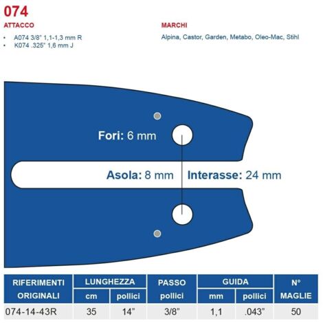 Barra motosega 35 cm - 14" passo 3/8", spessore 1.1 mm - .043" attacco 074, 50 maglie 452729