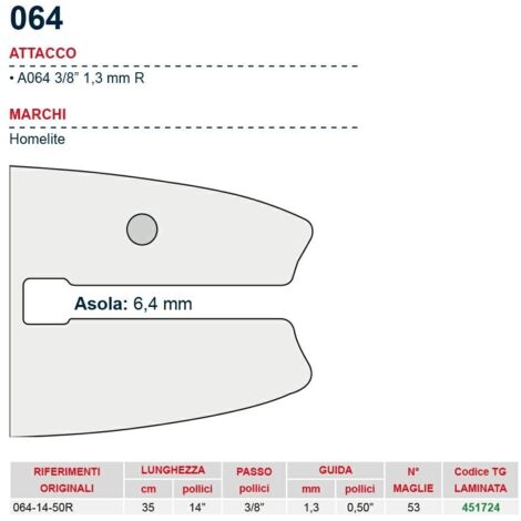 Barra motosega 35 cm - 14" passo 3/8", spessore 1.3 mm - .050" attacco 064, 52 maglie 451724
