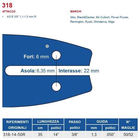 Barra motosega 35 cm - 14" passo 3/8", spessore 1.3 mm - .050" attacco 318, 50/52 maglie 451705