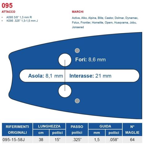 Barra motosega 38 cm - 15" passo .325", spessore 1.5 mm - .058" attacco 095, 64 maglie 452731