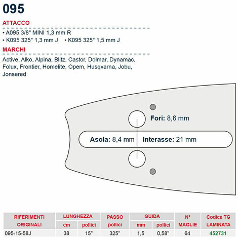 Barra motosega 38 cm - 15&quot passo .325&quot Spessore 1.5 mm - .058&quot attacco 095 - 452731