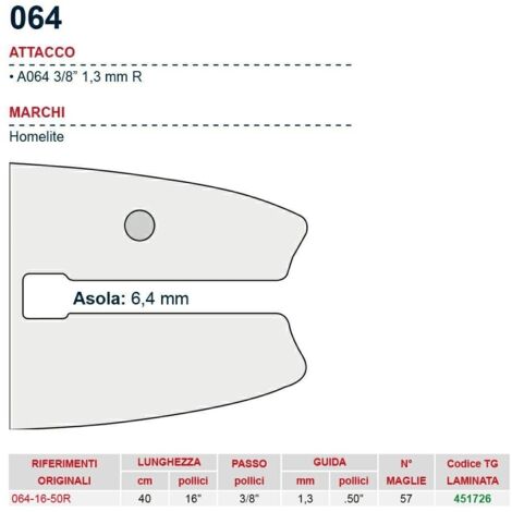 Barra motosega 40 cm - 16" passo 3/8", spessore 1.3 mm - .050" attacco 064, 57 maglie 451726