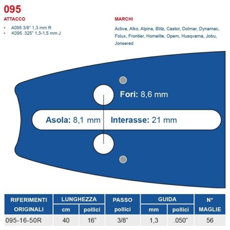 Barra motosega 40 cm - 16" passo 3/8", spessore 1.3 mm - .050" attacco 095, 56 maglie 451797