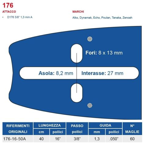 Barra motosega 40 cm - 16" passo 3/8", spessore 1.3 mm - .050" attacco 176, 60 maglie 451769