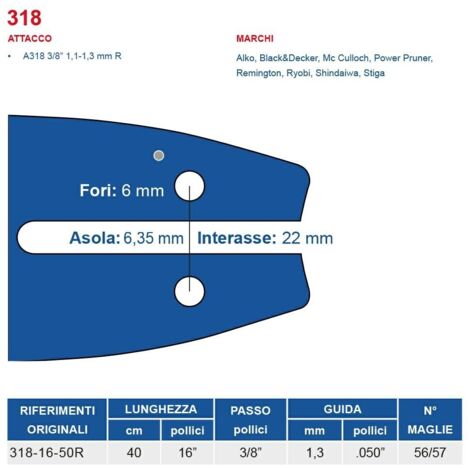 Barra motosega 40 cm - 16" passo 3/8", spessore 1.3 mm - .050" attacco 318, 56/57 maglie 451706