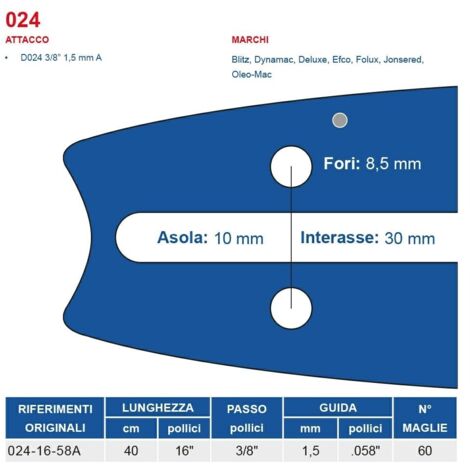 Barra motosega 40 cm - 16" passo 3/8", spessore 1.5 mm - .058" attacco 024, 60 maglie 451744