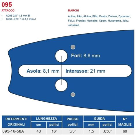 Barra motosega 40 cm - 16" passo 3/8", spessore 1.5 mm - .058" attacco 095, 60 maglie 452732