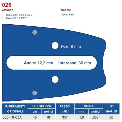 Barra motosega 40 cm - 16" passo 3/8", spessore 1.6 mm - .063" attacco 025, 60 maglie 451776