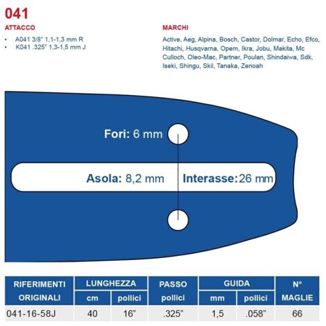 Barra motosega 40 cm - 16" passo .325", spessore 1.5 mm - .058" attacco 041, 66 maglie 452712
