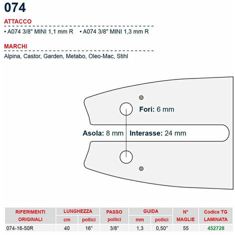 Barra motosega 40 cm - 16&quot passo 3/8&quot Spessore 1.3 mm - .050&quot attacco 074 - 452728