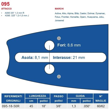 Barra motosega 45 cm - 18" passo 3/8", spessore 1.3 mm - .050" attacco 095, 60/62 maglie 451796