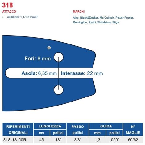 Barra motosega 45 cm - 18" passo 3/8", spessore 1.3 mm - .050" attacco 318, 60/62 maglie 450707