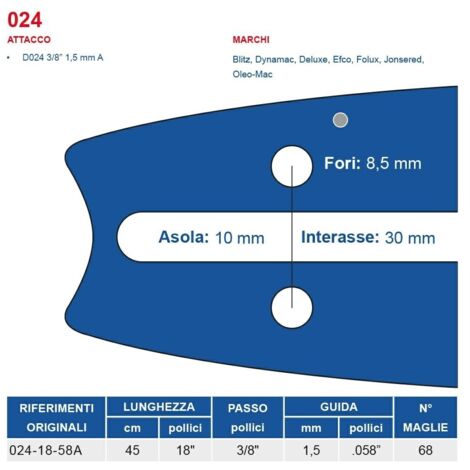 Barra motosega 45 cm - 18" passo 3/8", spessore 1.5 mm - .058" attacco 024, 68 maglie 452745