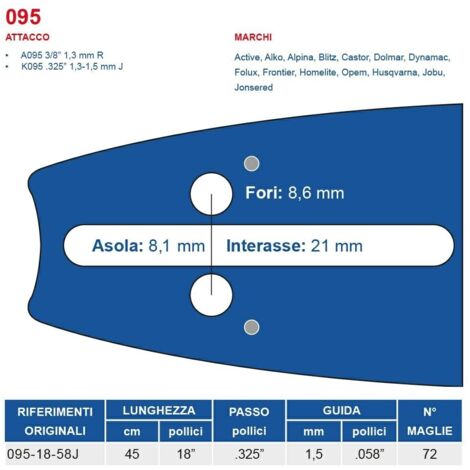 Barra motosega 45 cm - 18" passo .325", spessore 1.5 mm - .058" attacco 095, 72 maglie 452734