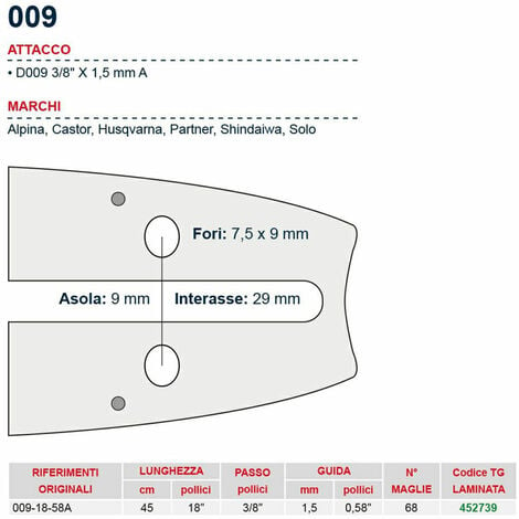 Barra Motosega 45 Cm - 18Passo 3/8, Spessore 1.5 Mm - .058Attacco 024,  68 Maglie - Rif. 452745