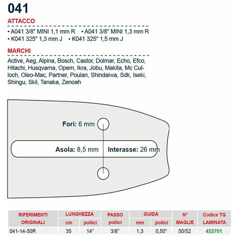 Barra motosega 5 cm - 14&quot passo 3/8&quot Spessore 1.3 mm - .050&quot attacco 041 - 452701