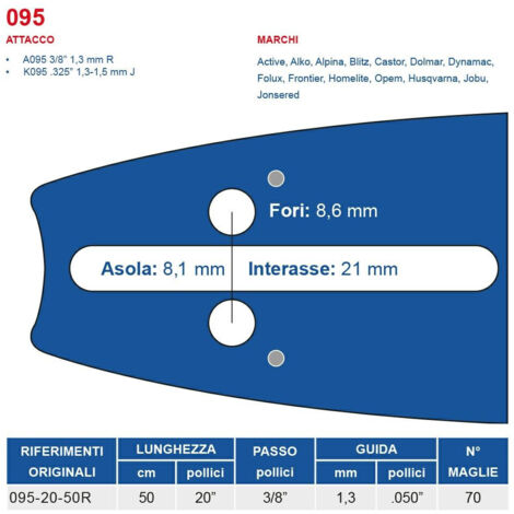 Barra motosega 50 cm - 20" passo 3/8", spessore 1.3 mm - .050" attacco 095, 70 maglie 452754