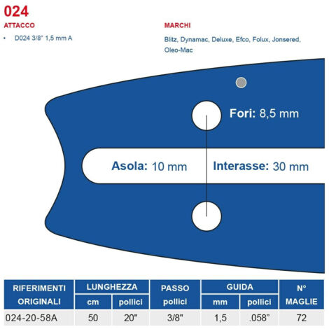 Barra motosega 50 cm - 20" passo 3/8", spessore 1.5 mm - .058" attacco 024, 72 maglie 451746