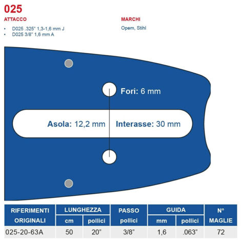 Barra motosega 50 cm - 20" passo 3/8", spessore 1.6 mm - .063" attacco 025, 72 maglie 451778