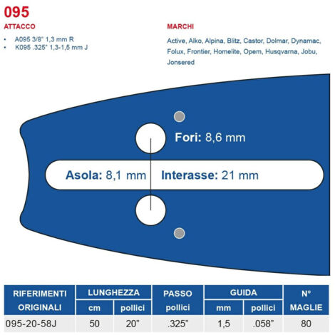 Barra motosega 50 cm - 20" passo .325", spessore 1.5 mm - .058" attacco 095, 80 maglie 452742
