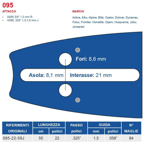 Barra motosega 55 cm - 22" passo .325", spessore 1.5 mm - .058" attacco 095, 84 maglie 452750