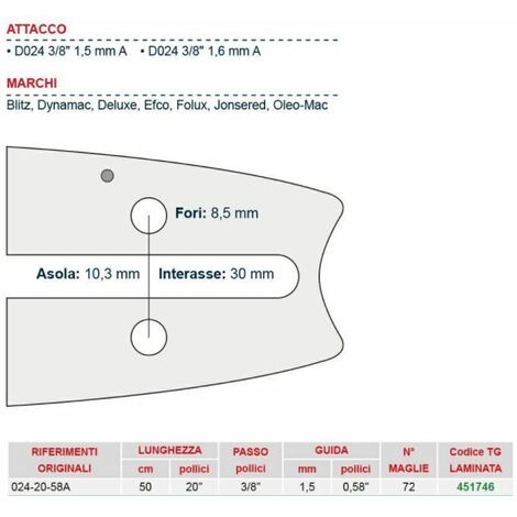 Barra motosega da legna lunghezza 45 cm per catena maglie 72 452785